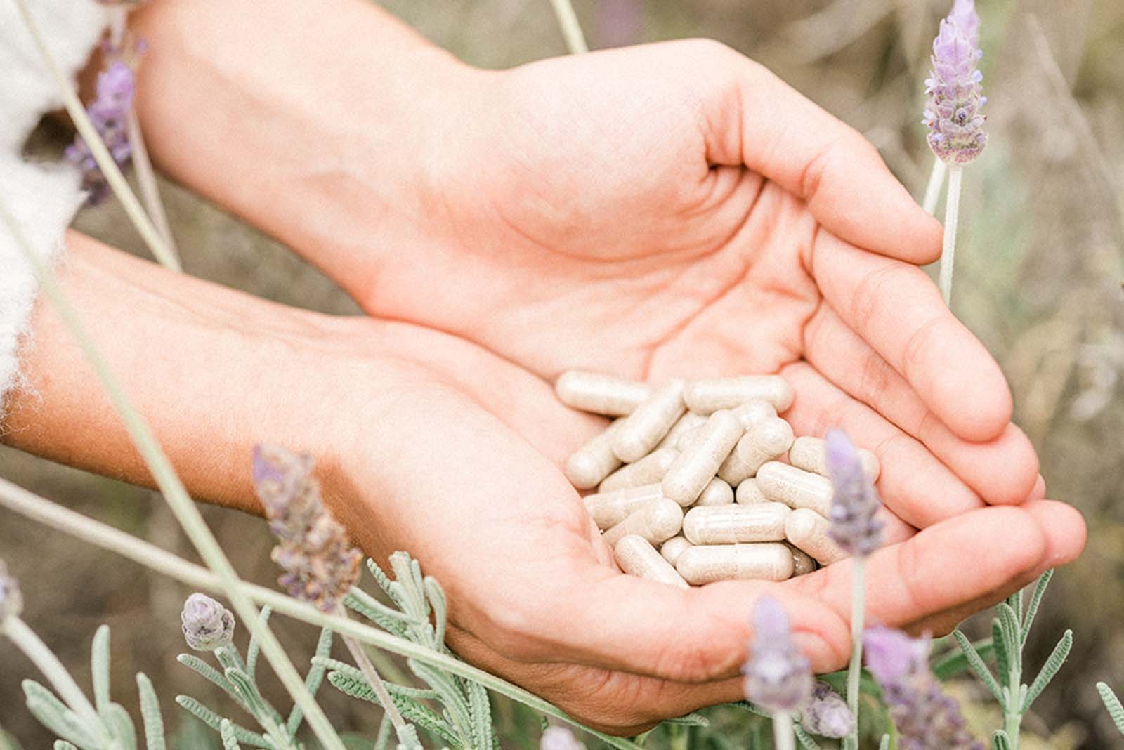 A woman holding Sagely Naturals Calm & Centered CBD Capsules with Ashwagandha, in a lavender field