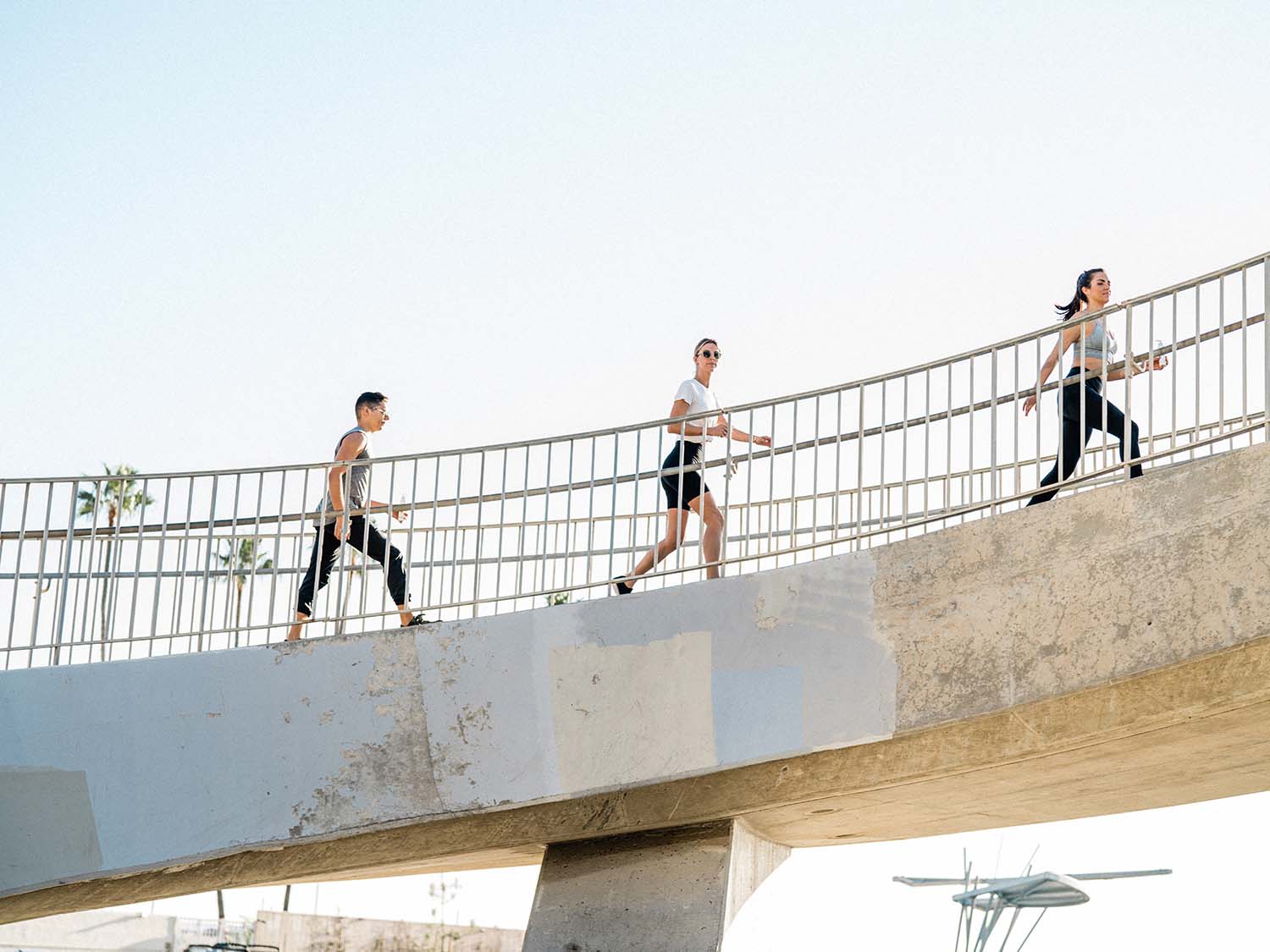 Three people walking up the Santa Monica beach stairway holding Sagely Naturals CBD cream and CBD spray