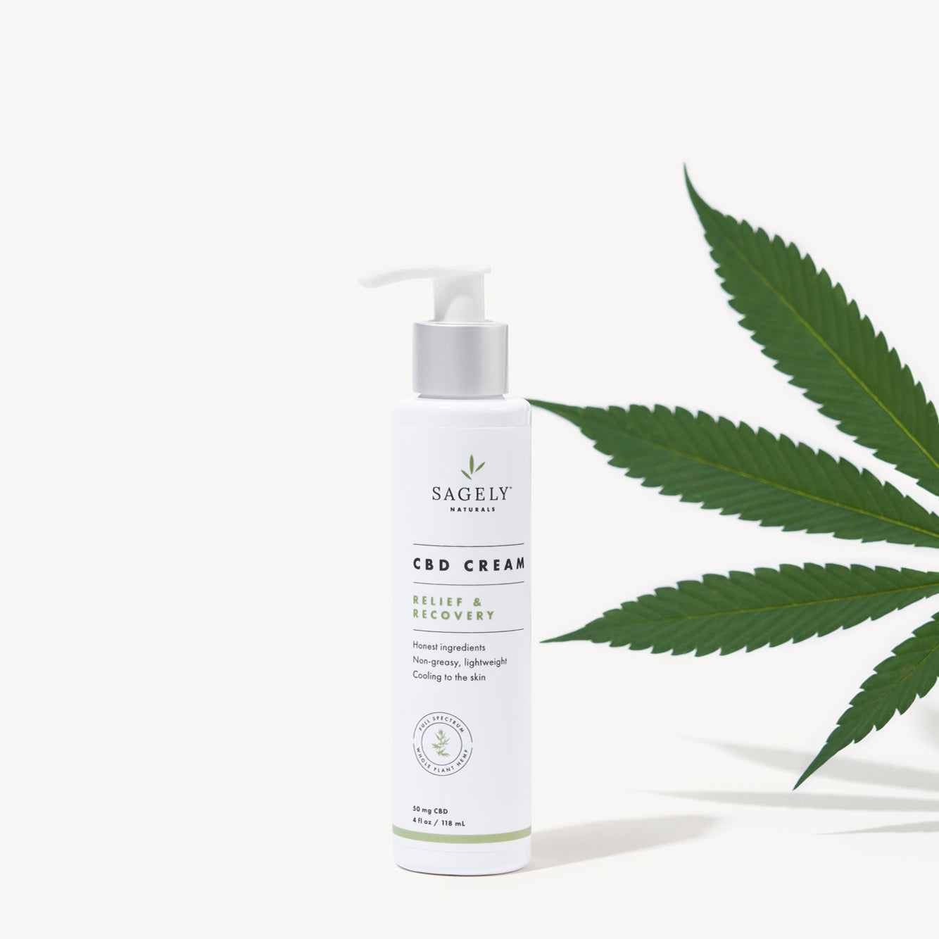 Sagely Naturals Relief & Recovery CBD Cream next to a hemp leaf