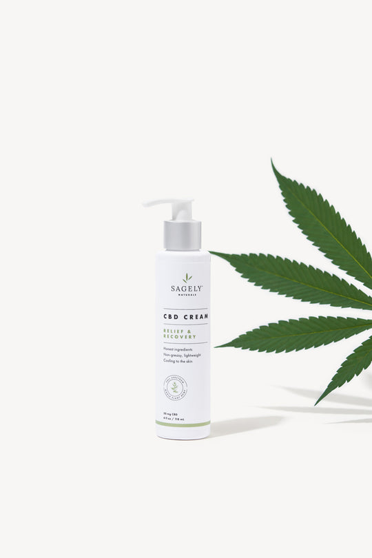Sagely Naturals Relief & Recovery CBD Cream next to a hemp leaf