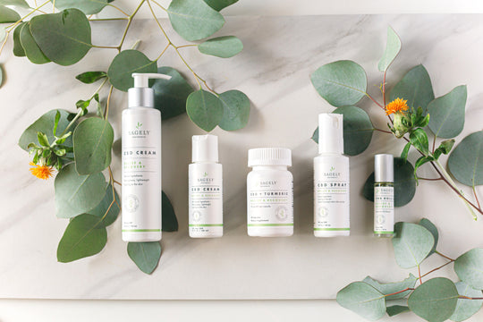 Sagely Naturals Relief & Recovery CBD Products on top of eucalyptus leaves